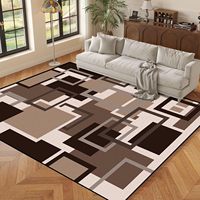 Tapis géométrique abstrait patchwork extra large marron beige à poils ras, lavable et antidérapant pour la décoration de salle à manger et de salon
