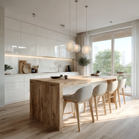 Meubles de cuisine modernes sur mesure avec portes en placage de bois, îlot central et rangement intégré pour appareils électroménagers, idéaux pour appartements
