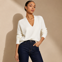 Pull en maille côtelée pour femme, coupe ajustée, col en V, manches longues, léger