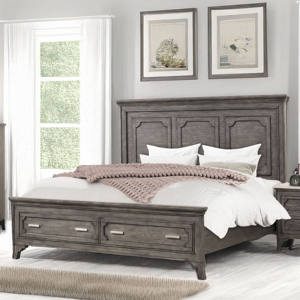 Cómoda de dormitorio rústica de madera gris con superficie de mármol y espejo - Product Image 1