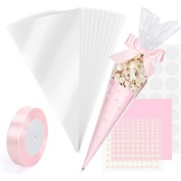 Sac conique transparent en BOPP DIY avec ruban, nœud et autocollant perlé pour bonbons, pop-corn, cadeaux de fête