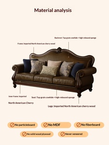 American <b>Style</b> Solid Wood Cherry Wooden <b>Head</b> Layer Oil Wax Leather Villa Living Room Four Seat Retro Log Furniture Jiangsu Ameri - Product Image 2