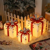 Ensemble de 3 boîtes cadeaux de Noël lumineuses, blanches, givrées, avec nœud rouge, ornements LED lumineux pour arbre, décoration de la maison, matériau PC, personnalisable