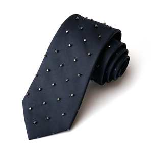 Новый модный мужской галстук ручной работы с вышивкой бисером, темно-синий в горошек, из натурального шелка тутового шелкопряда. Принимаем заказы на малые партии галстуков на заказ. - Product Image 2