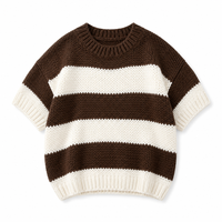 Pull en tricot rayé marron crème décontracté pour femme, manches courtes, col rond, coupe ample, 100% polyester