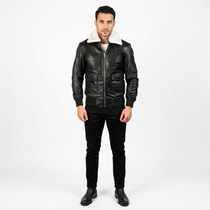 <b>Men's</b> Genuine Leather <b>Jackets</b> Custom <b>White</b> Fur Collar Premium Softshell Vintage Style Autumn Hooded Breathable - Product Image 1