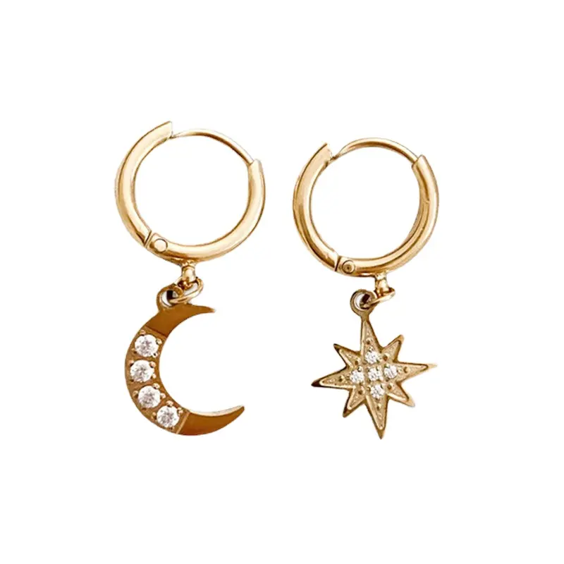 New Fashion Jewelry Earrings Cross-border Stainless Steel Asymmetric Moon and Stars Earrings with Full Rhinestones Wholesale