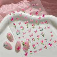 Autocollants 5D Papillon Tulipe Rose pour Ongles, Décalcomanies Florales Printanières Auto-adhésives, Slider de Manucure Imperméable pour Ongles à Presser DIY