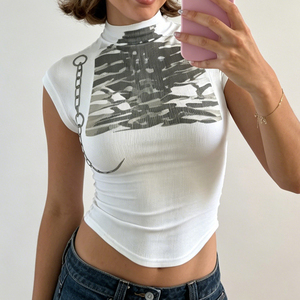 เสื้อยืดแขนสั้นคอตั้งทรงเข้ารูปลายโครงกระดูกสไตล์วินเทจ Y2K สำหรับผู้หญิง ขายส่ง เสื้อฤดูร้อน - Product Image 3