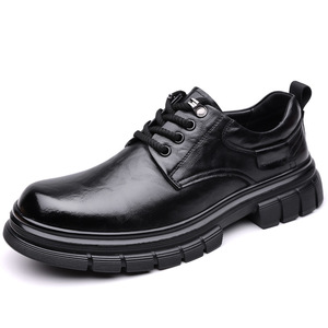 Chaussures en cuir épaisses pour hommes, noires, à lacets, décontractées, style bottes de travail, couleur unie, basses, tendance, collection automne 2024, origine Wenzhou - Product Image 5