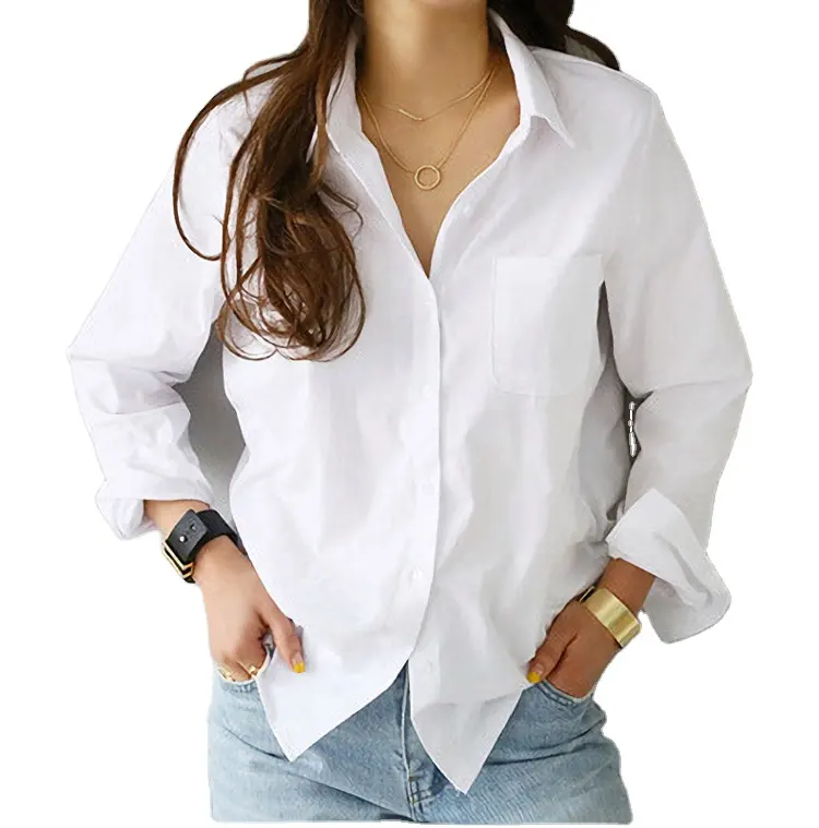 Weiße Frauen hemden Blusen 2021 feminine Bluse Tops Langarm lässig umdrehen Kragen OL-Stil Büro Damen lose Hemd