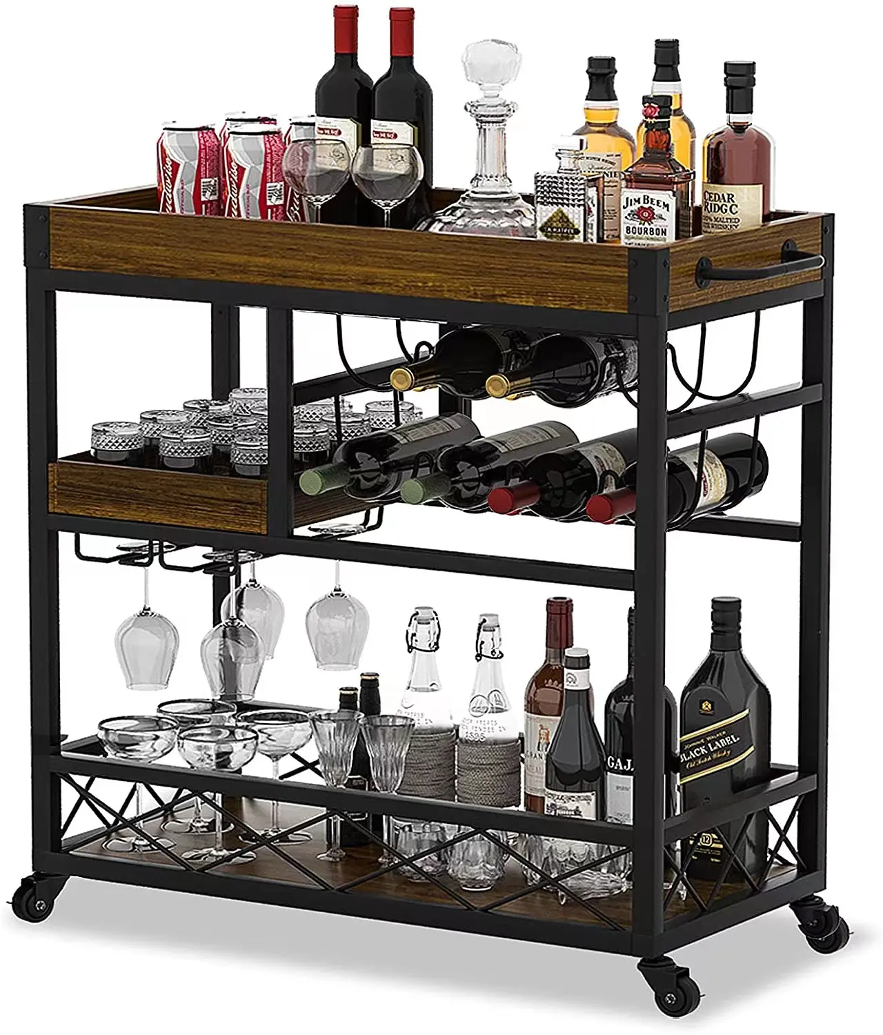 Industrial Kitchen Bar Serving Carts 3 Tier Storage Trolley with Wine Rack Glass Holder Rack for Kitchen Home