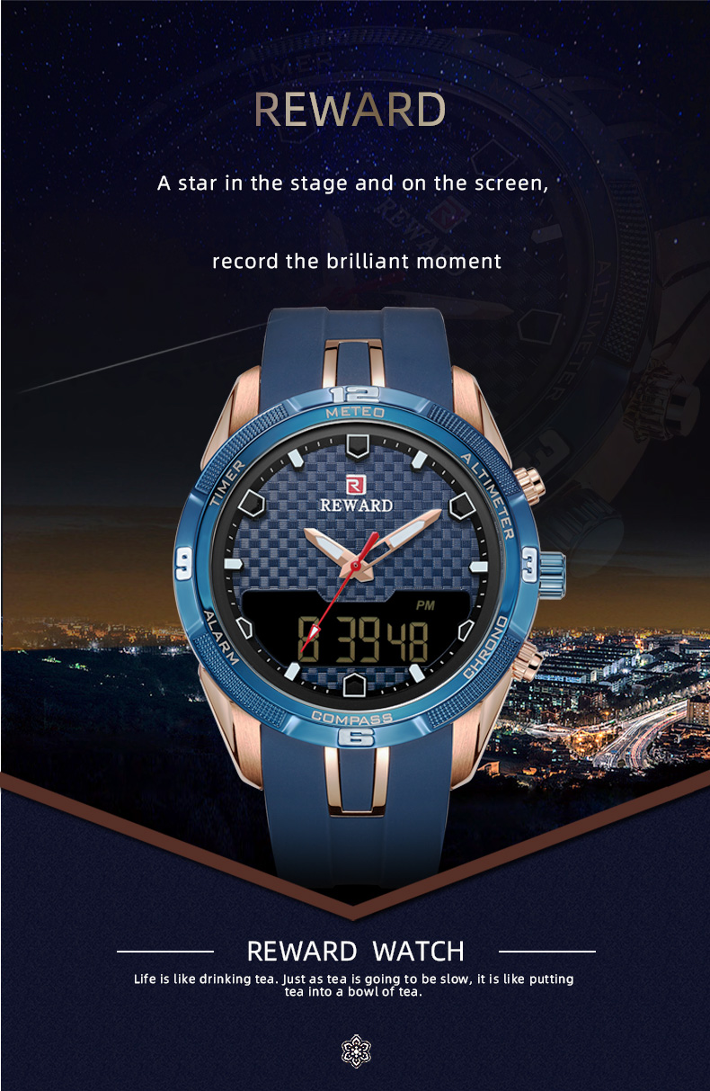REWARD Men's Watches Silicone Double Movement Digital Electronic Watch Men Sports Waterproof LED Quartz Watch Relogio Masculino