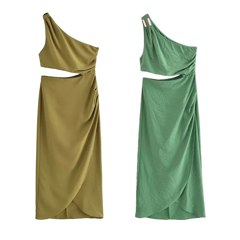 TAOP & ZA 2023 gaun ramping baru musim panas yang pas dan tipis kerah asimetris lipat dihiasi Linen tanpa pinggang hijau dicampur 3897060