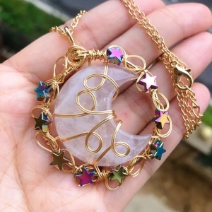 Collana con Ciondolo a Forma di Luna e Stella in Cristallo Naturale, Gioielli in Quarzo Rosa e Occhio di <span class=keywords><strong>Tigre</strong></span>, Pietre Curative Reiki - Product Image 5