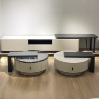 Meuble de salon moderne JS S2023, table basse ronde extensible avec tiroir, meuble TV rectangulaire en bois et marbre noir, blanc