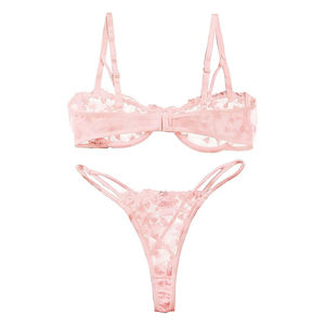 Set di Lingerie trasparente in Mesh con filo Push up con cinturino ricamato per reggiseno e mutandine da donna 2 pezzi - Product Image 2