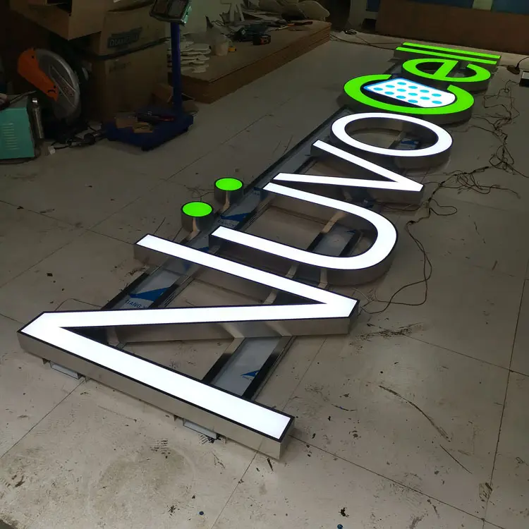 Sinais de letras de canal de led 3d personalizado, sinal de letras frontal de aço inoxidável