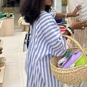 เดรสยาวทรงหลวมคอวีลายทาง แขนสั้น สไตล์ลำลอง สำหรับผู้หญิง แฟชั่นรักษ์โลก ผลิตจากวัสดุธรรมชาติ - Product Image 2