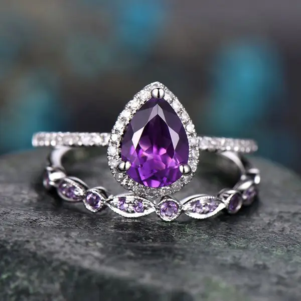 Vintage Cubic Zirconia Engagement Jewelry Stackable Purple Water Drop Shape Zircon Rings Set For Women