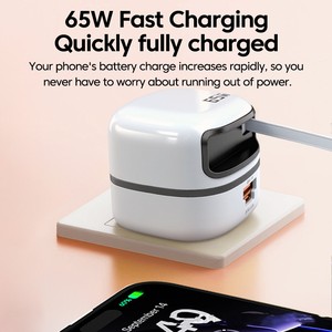 Cargador Rápido PD+QC de 65W GaN con Cable Retráctil para <span class=keywords><strong>iPhone</strong></span>, Adaptador Multifunción QC3.0 <span class=keywords><strong>Tipo</strong></span>-<span class=keywords><strong>C</strong></span> para Portátil, Enchufe EU/UK - Product Image 2