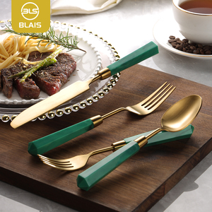 Matte Gold Tone Flatware Set với màu hồng nhựa xử lý cho ăn uống & bên-Bao gồm dao muỗng nĩa - Product Image 2