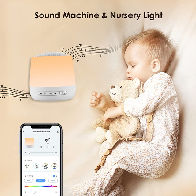 Smart White Noise Sound Machine RGB Light-34 Soothing Sounds Memory Function Clock APP Control Battery Powered Baby Sleep Aid