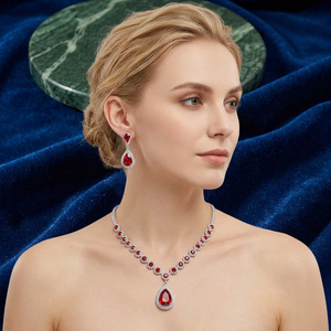 Rhodium Plated Brass Classic Wedding & Anniversary Jewelry Set Luxury <b>Ruby</b> Teardrop CZ Choker <b>Necklace</b> Earrings Set for Women - Product Image 3