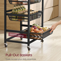 Chariot de rangement roulant à 3 niveaux avec paniers en filet extractibles, chariot utilitaire en métal avec plateau en bois et poignée pour la cuisine