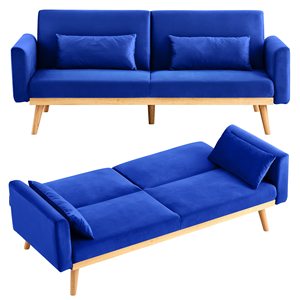 Canapé-lit futon moderne en velours, lit <span class=keywords><strong>d</strong></span>'appoint convertible rembourré avec coussin et cadre en bois, bleu - Product Image 1