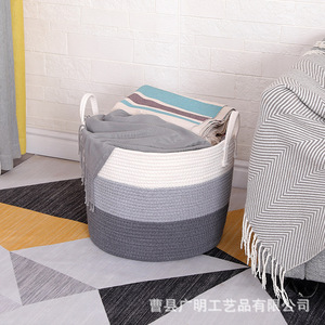 <b>Large</b> Cotton Rope Woven <b>Storage</b> <b>Basket</b> Round With Handles For Clothes And Toys White And Gray Color Scheme Handmade - Product Image 1