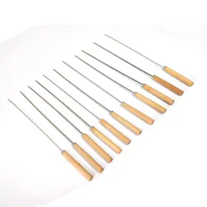 Small Wooden Handle BBQ Stick Stainless Steel BBQ Flat Skewers Mutton Skewers Chicken Fork