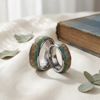 Tizti Titanring mit Kuppelkern, Natur-Hirschgeweih und Türkis, Modische Ringe für Männer und Frauen, Schmuck
