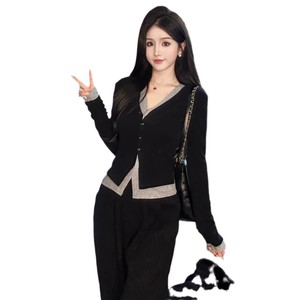 Women's Knitted Two-Piece Set Full Sleeve Splicing High Waist Wide Leg Pants Solid Color Casual Suit Apricot Black - Product Image 5