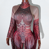 Combinaison rouge rétro à strass et franges longues, imprimé numérique 3D, robe de danse en maille pour performance sur scène de danse latine, samba, danse de salon