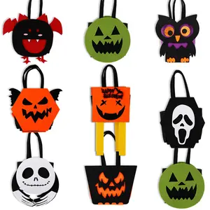 Halloween Trick or Treat Felt Pumpkin Bags Party Candy Hand Bags Skeleton Gift Goodie Tote Bag Party Favors for Kids