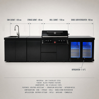 Îlot de cuisine extérieur avec barbecue au charbon de bois, réfrigérateur extérieur, évier et armoire en acier inoxydable noir, barbecue modulaire