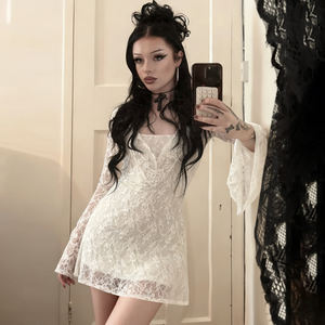 Robe Mini en Dentelle Gothique pour Femmes, Manches Longues Évasées, Col en V, Taille Naturelle, Imprimé Floral Respirant, Impression Numérique, Spandex/Polyester - Product Image 1