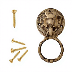 Battant de porte en laiton antique en forme d'éléphant avec plaque arrière ronde ornée, battant de porte en laiton artisanal vintage en forme de tête d'éléphant indien - Product Image 3