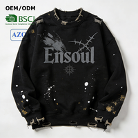 Sweat-shirt col rond personnalisé pour homme, coupe décontractée, sérigraphié, délavé, effet vieilli, déchiré, brodé à la main