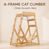 Arbre à chat en bois en forme de A avec échelle en corde, filet d'escalade, hamac respirant et gamelle transparente – Service de personnalisation de taille, couleur et logo