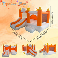 Château gonflable avec toboggan, orange et blanc, pour enfants, idéal pour les fêtes, location, intérieur et extérieur.
