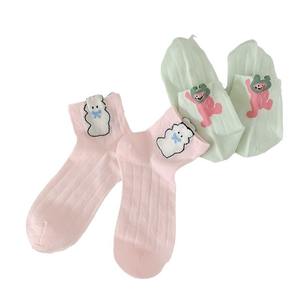 Chaussettes courtes pour femmes, motif animal, ours, coton, fibre de bambou, sans couture, décontractées, pour jeunes de 18 à 40 ans, blanc, rose, vert lait - Product Image 4