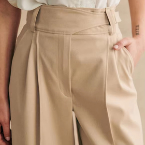 Pantalon Palazzo Élégant Beige Taille Haute Plissé à Ceinture Croisée Coupe Large pour Femme – Idéal Bureau et Tenues Décontractées Professionnelles - Product Image 2