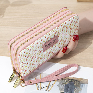Longqiying Women's Clutch Double Zipper Pink Letter Pattern 7 Inch Portable Phone <b>Bag</b> With Wrist Strap - Product Image 1