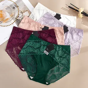 Fashion design 4XL plus size ladies panties embroidered floral cotton women underwear comfort mid-waist lace panties for women