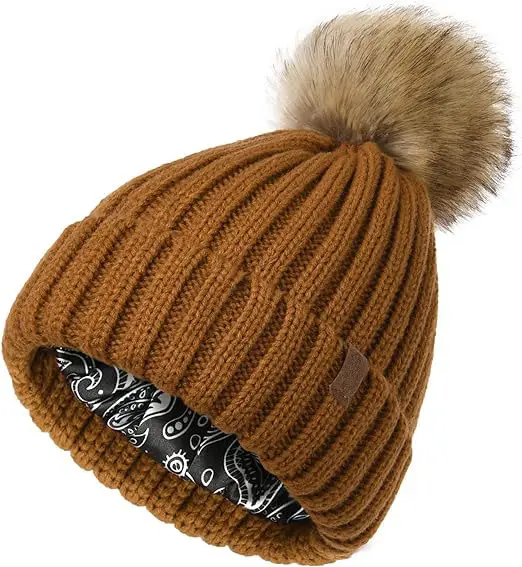 Womens Mùa Đông Ấm Áp Đan Beanie Mũ Satin Lót Faux Fur Pom Pom Beanies Hat Cho Cô Gái