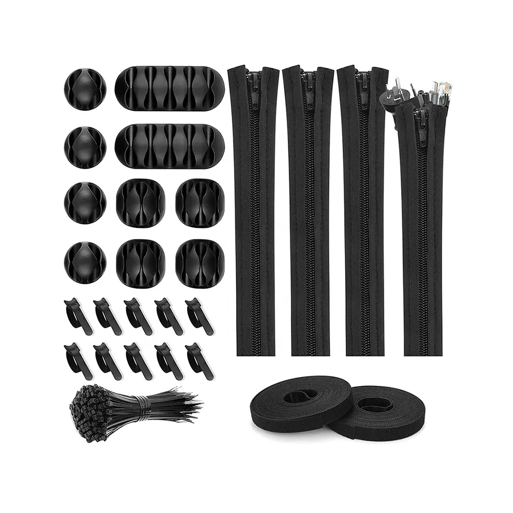126pcs Kit Cable Sleeve Zipper Silicone Clip Holder Self Adhesive Tie Fastening USB Ties Cord Management Cable Wire Organizer