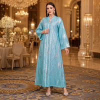 Robe longue ample en polyester à maille, col bateau, manches longues, avec imprimé feuille d'argent et broderie appliquée, style Abaya, idéale pour les banquets de l'Aïd