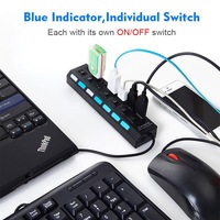 Mini adaptador de concentrador USB 2,0, 7 puertos con interruptor de encendido/apagado LED, divisor de concentrador USB 2,0 para ordenador portátil y PC